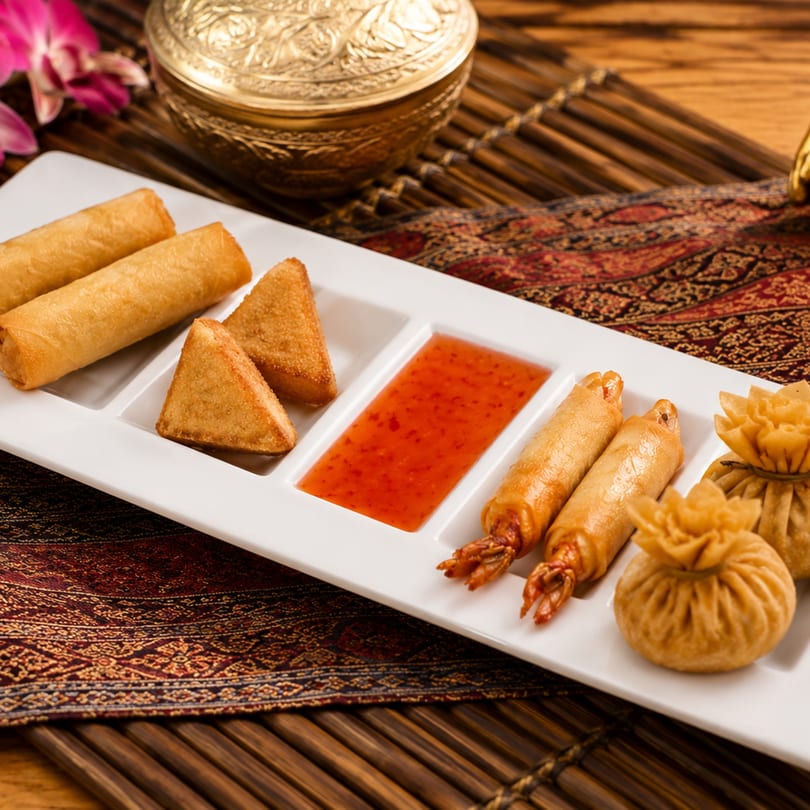 A white rectangular plate with various fried appetizers and a dish of red dipping sauce.