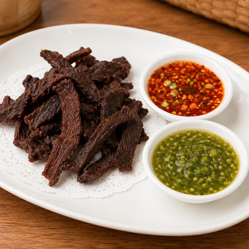 Crispy dark brown beef jerky strips on a white plate with two dipping sauces.